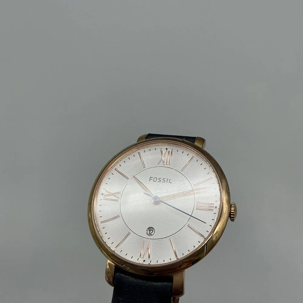 Fossil ES3843 Womens Watch 36mm Silver Tone Black Leather Date Dress New Battery
